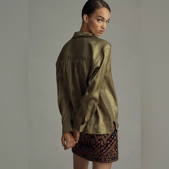 Anthropologie Pilcro Long-Sleeve Shine Blouse in Green Size XXSP - Picture 2 of 4